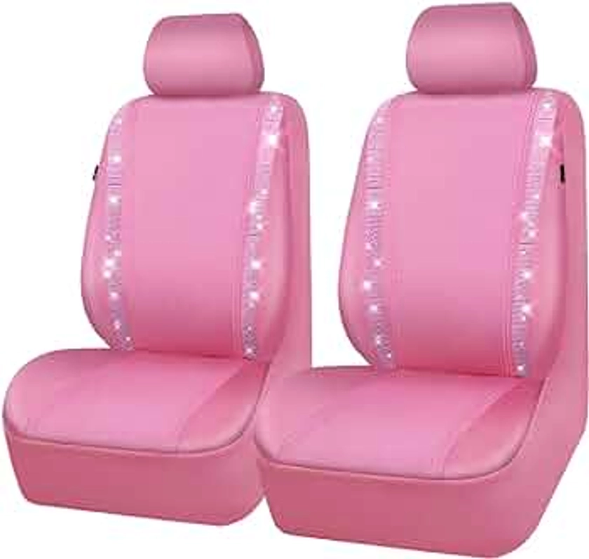 CAR PASS Bling Car Seat Covers, Shining Rhinestone Waterproof Faux Leather Pink Car Accessories Two Front Only Universal Fit Auto Glitter Crystal Sparkle Strips for Cute Women Girl, Pink Diamond