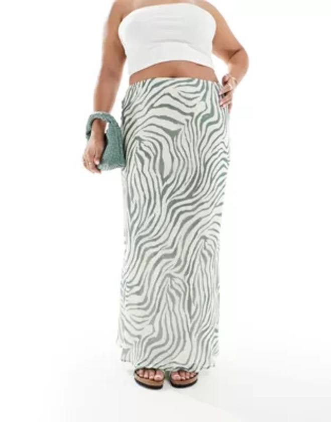 ASOS DESIGN Curve chiffon bias maxi skirt in green zebra print