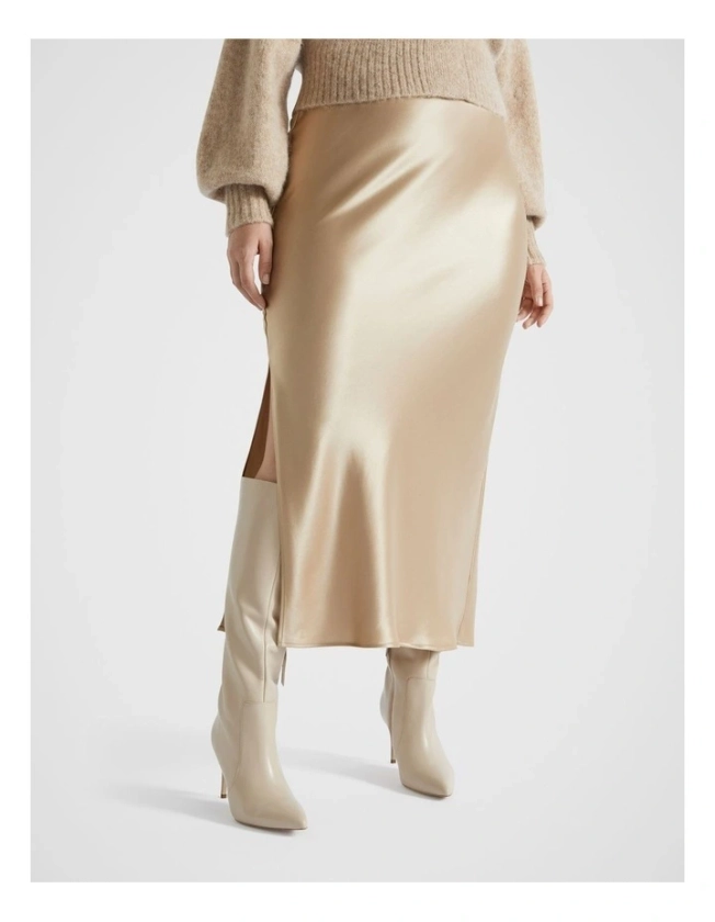 Satin Maxi Slip Skirt in Champagne Beige