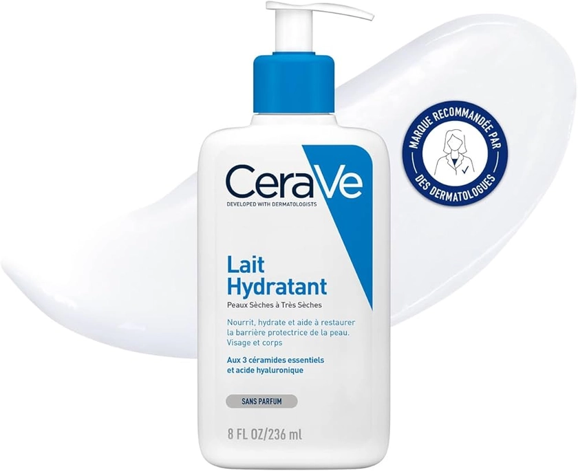 CeraVe - Lait Hydratant - Nourrit, Hydrate et Aide à Restaurer la Barrière Cutanée - Visage & Corps - Acide Hyaluronique + 3 Céramides Essentiels - Sans Parfum - Peau Sèche à Très Sèche - 236 ml