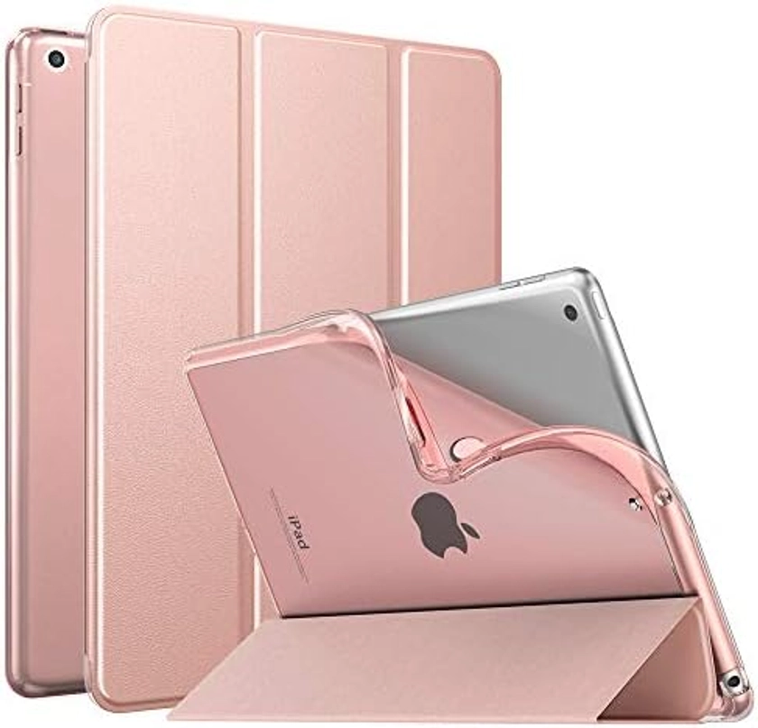 MoKo Étui Compatible avec Nouvel iPad 9e/8e/7e Génération 10,2 Pouces (2021/2020/2019), Étui à Rabat avec Support avec Semi-Transparent Protecteur pour iPad 10,2 2021/2020/2019, Rose Doré