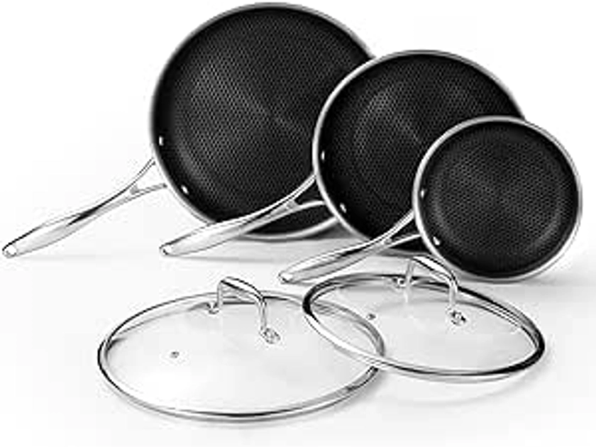 Amazon.com: DELUXE Hybrid Nonstick Fry Pan Set 5-Piece, 8, 10 and 12-Inch Frying Pan Cookware Set with Glass Lids, Skillet with Stay-Cool Handles, Dishwasher&Oven Safe, PFOA Free Compatible with All Cooktops: Home & Kitchen