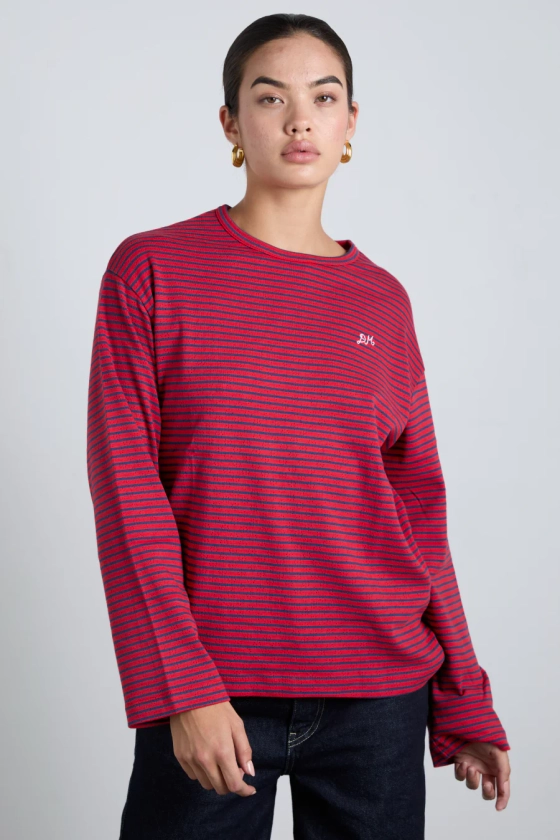 red and navy stripe long sleeve top