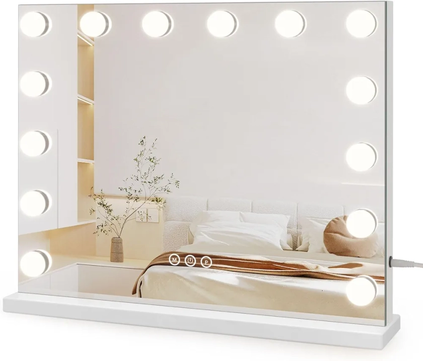 Dripex Miroir Maquillage Lumineux, Miroir LED 14 Lumières Miroir Hollywood Miroir Coiffeuse Contrôle Tactile Miroir Lumineux 3 Modes Luminosité Réglable 50 x 42 cm - Blanc