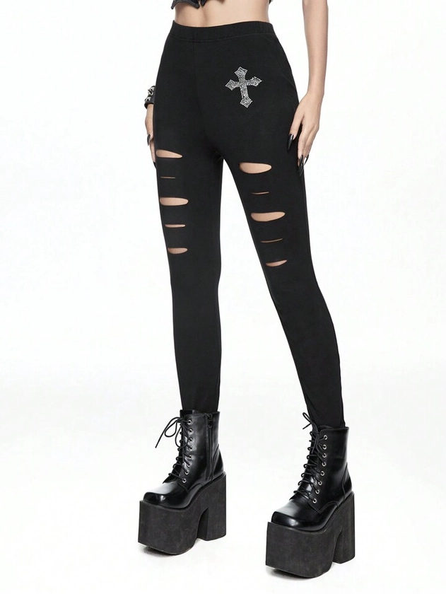 Is That The New Grunge Punk Cross Rhinestone Embellished Ripped & Distressed Women's Leggings ??| ROMWE CANADA