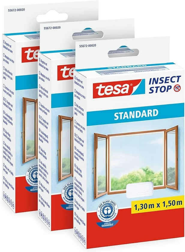 Tesa Insect Stop Auto-Agrippant Standard pour Fenêtres - Filet Anti-Moustiques Adhésif - Découpable à la Dimension Souhaitée - Blanc, Lot de 3, 130 cm x 150 cm