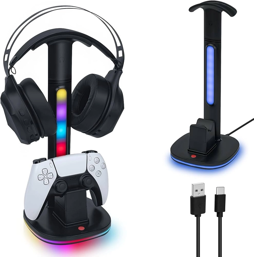 Mcbazel Station de Chargeur & Headset Stand pour Manettes PS5 DualSense et Casques Wireless,Éclairage RGB Polyvalent