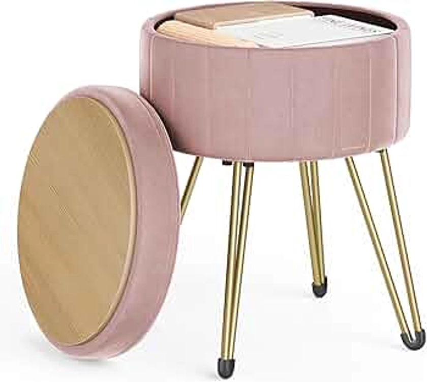 SONGMICS Vanity Stool Chair, Small Ottoman Stool with Storage, Velvet Makeup Stool, 15.4 Dia. x 17.5 H Inches, 4 Metal Legs, for Makeup Room, Living Room, Bedroom, Jelly Pink ULOM003R01