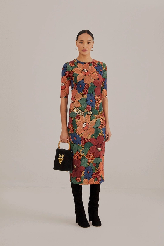 Black Stitched Flowers Lenzing™ Ecovero™ Viscose Midi Dress