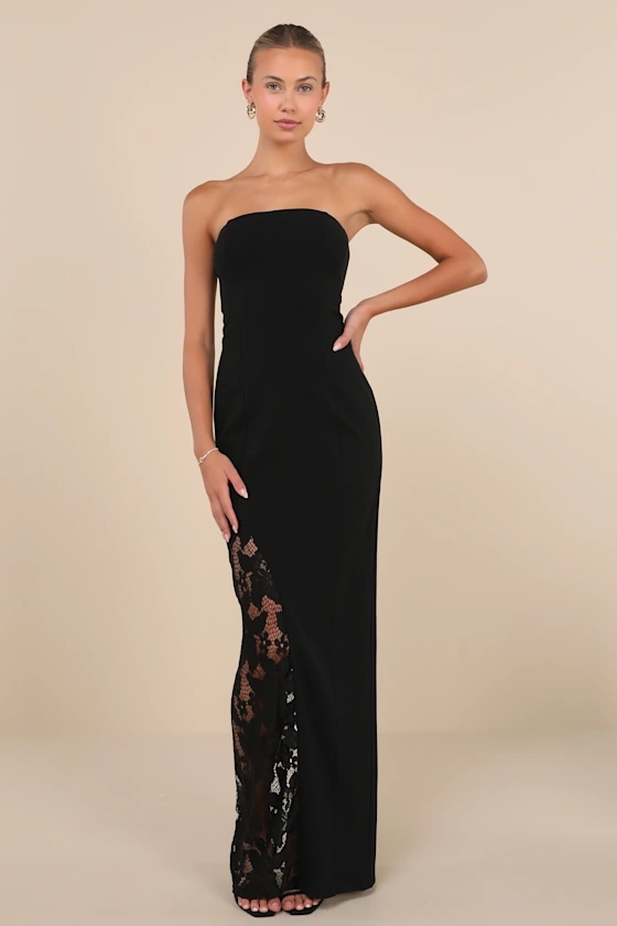 Irresistible Attitude Black Strapless Lace Column Maxi Dress