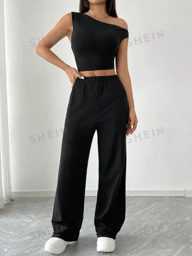 SHEIN EZwear 2pcs Set: Asymmetrical Shoulder Crop Top And Straight Leg Casual Pants | SHEIN USA