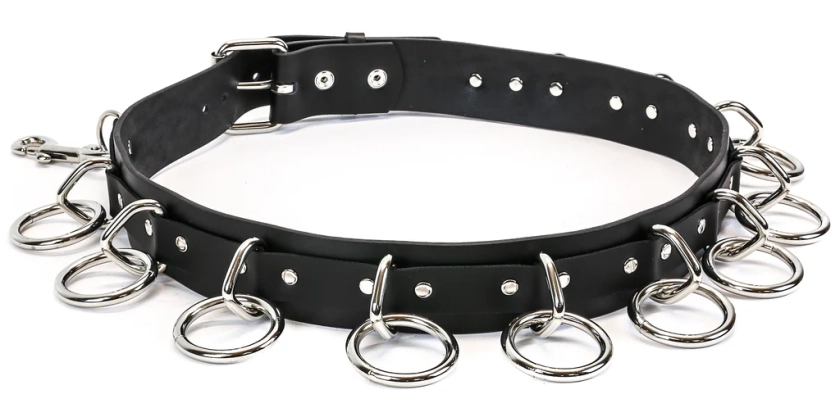 Large Ring Bondage Belt Key Holder Heavy Duty Black Leather Belt