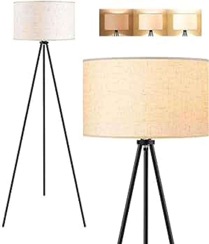Floor Lamp for Living Room, Tripod Floor Lamp, 15W LED Bulb, 3 Levels Dimmable Brightness, Linen Lamp Shade, Mid Century Standing Lamp for Living Room, Bedroom, Study Room and Office