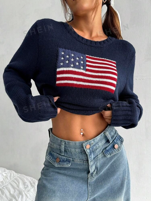 SHEIN EZwear Women 4th Of July American Flag Pattern Round Neck Casual Long Sleeve Sweater