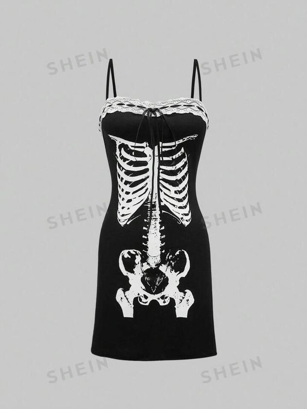 ROMWE Goth Vestido estampado oscuro para mujeres con diseño de esqueleto empalmado con cuello, cinta, encaje y borde floral