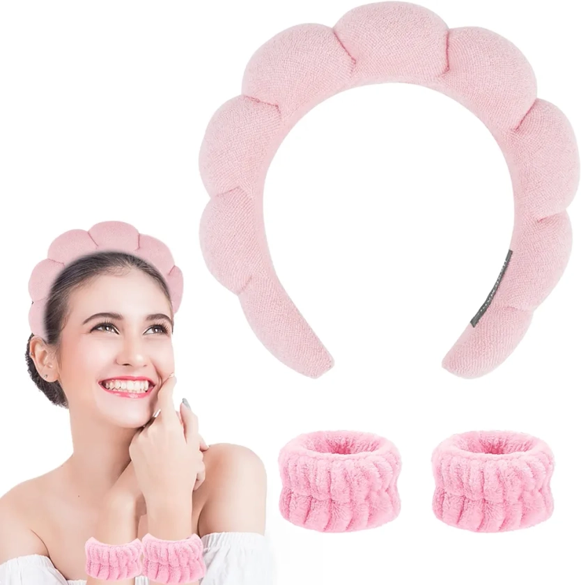 Spa Makeup Headband for Washing Face, Sponge Skincare Face Wash headbands for Women Girls - Bubble Soft Terry Towel Cloth Hair Band for Skincare Makeup Removal, Puffy Non Slip Thick Headwear(Pink)
