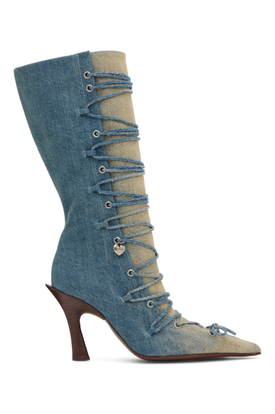 Blue Lace-Up Heel Boots