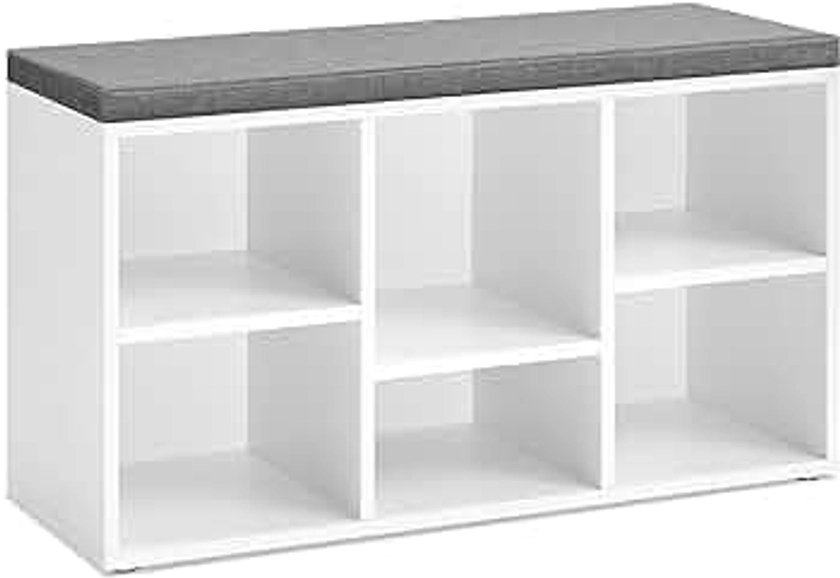 VASAGLE Shoe Bench, Shoe Storage Organizer with 6 Compartments and 3 Adjustable Shelves, Cushioned Seat, Compact and Narrow, for Entryway, Hallway, Closet, White and Gray ULHS23WT
