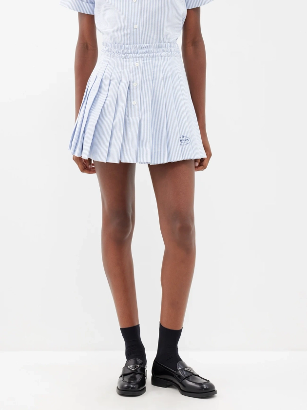 Logo-embroidered pleated cotton-blend mini skirt