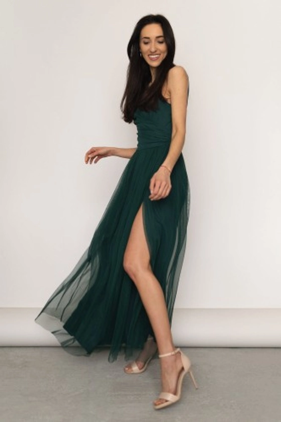 Amora - tiulowa sukienka maxi z rozcięciem na nodze butelkowa zieleń