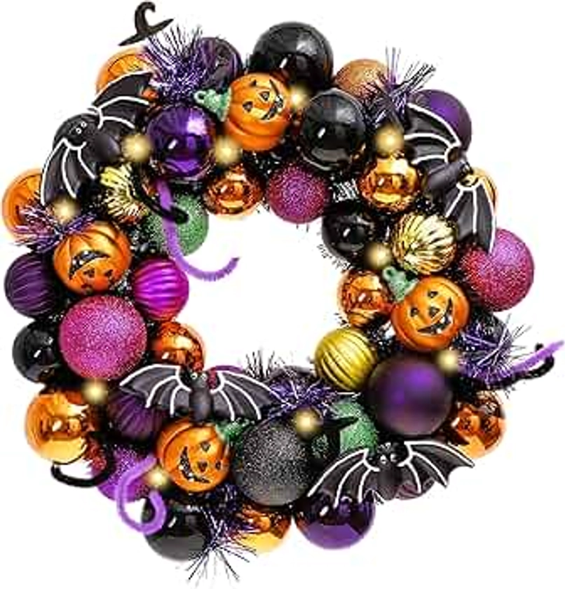 Valery Madelyn Halloween Wreath for Front Door, Craft Halloween Decorations with Led Lights, Wreath with Various Bauble Ornaments for Home Table Centerpiece Window Mantel Party Indoor Outdoor,12 inch