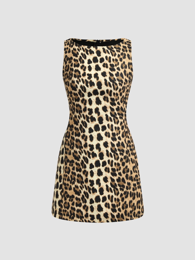 Boat Neck Leopard Print Zipper Mini Dress