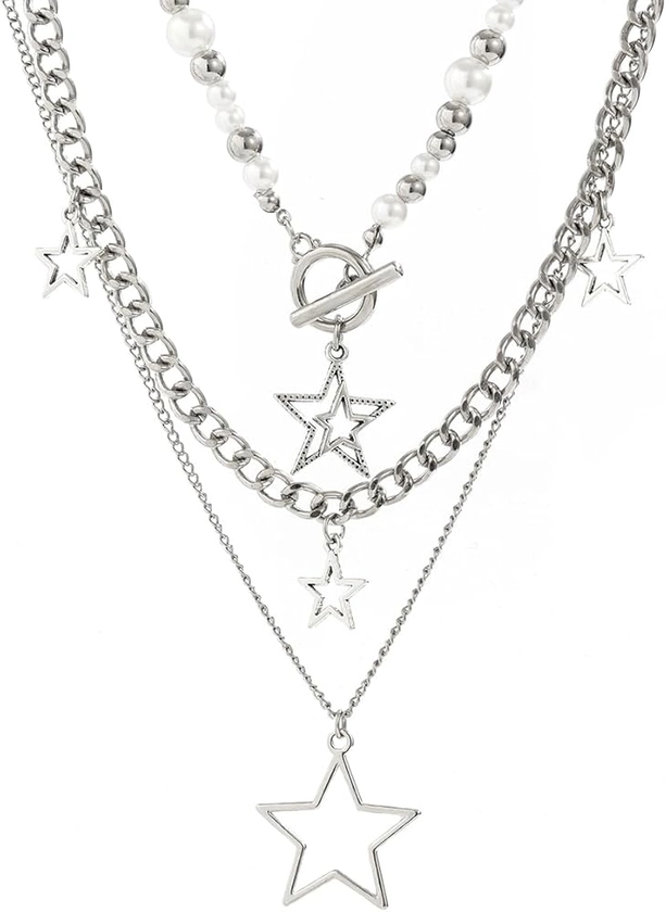 Star Y2k Silver Necklace Grunge Layered Necklace Cute Aesthetic Stack Toggle Chain Necklaces Gothic Vintage Emo Jewelry Set for Women