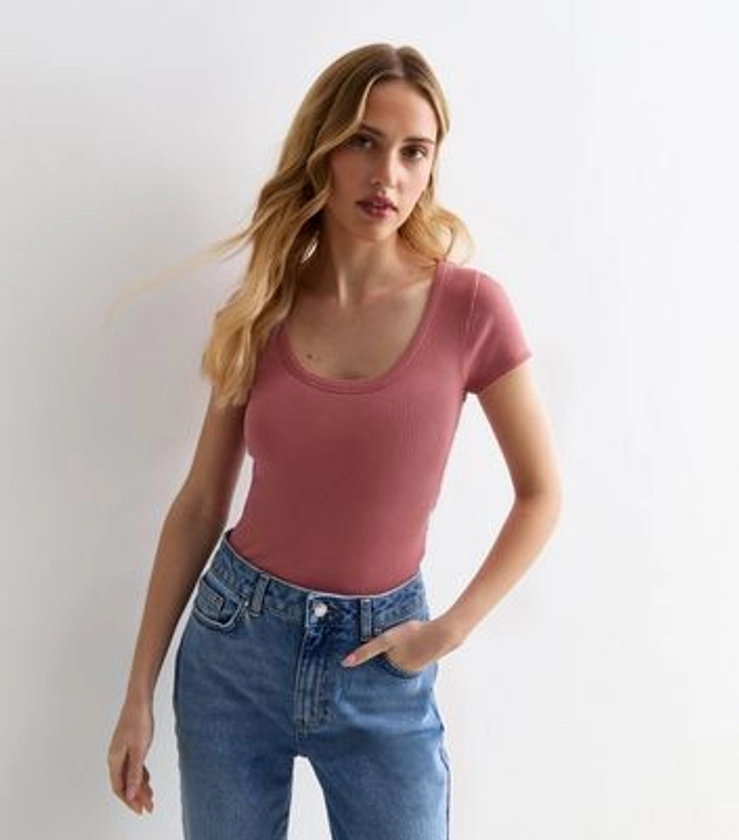 Pink Ribbed Scoop-Neck T-Shirt