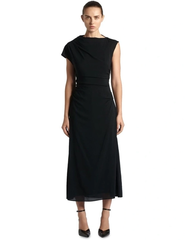 Asymmetric Draped Midi Dress in Black