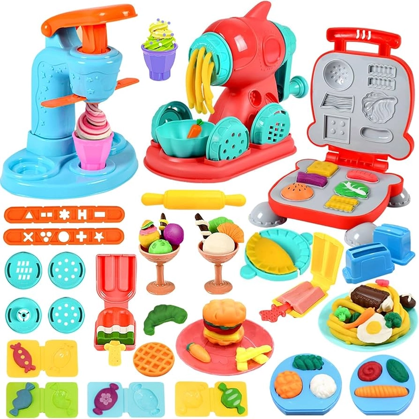 Crelloci 3 in 1 Play Color Dough Kitchen Creations Set, Ice Cream Noodle Hamburger Maker Machine, Art Crafts Food Toys Modelling Clay Set, Deluxe Dough Tools Kit for Kids Ages 3+ (12 Colors Dough)