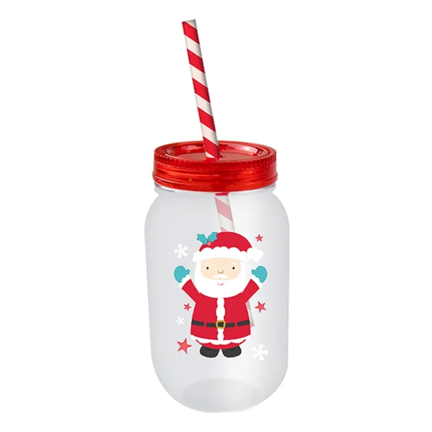 Christmas Plastic Mason Jar & Straw, 500ml - Santa