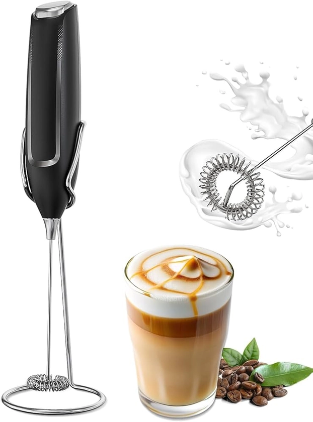 Mousseur à Lait Électrique pour Café/Cappuccino, Milk Frother with Stand, Mélangeur de Boissons à Piles avec Fouet et Support en Acier Inoxydable