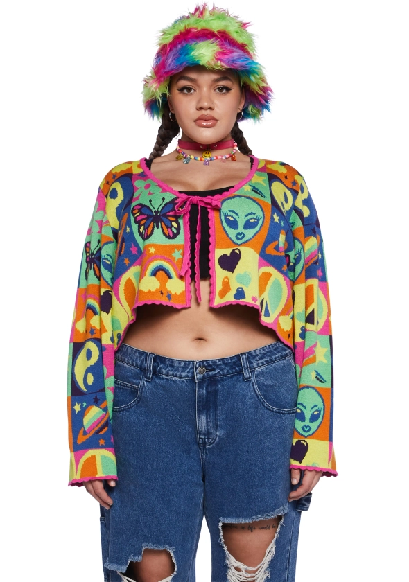 Plus Size Club Exx Lisa Frank 90s Colorblock Graphic Square Knit Cardigan - Multi