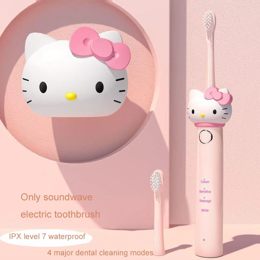 Cepillo de dientes eléctrico de Hello Kitty para adultos y niños, cepillo de dientes automático, cerdas suaves rosas, cepillo de dientes de alto valor de Color