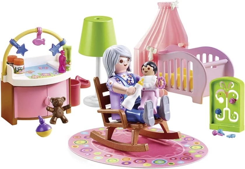 Playmobil 70210 Chambre de bébé - Dollhouse - avec Deux Personnages, lit bébé, Table à Langer, Lampe sur Pied, Fauteuil à Bascule et des Accessoires - pour aménager la Grande Maison - Dès 4 Ans