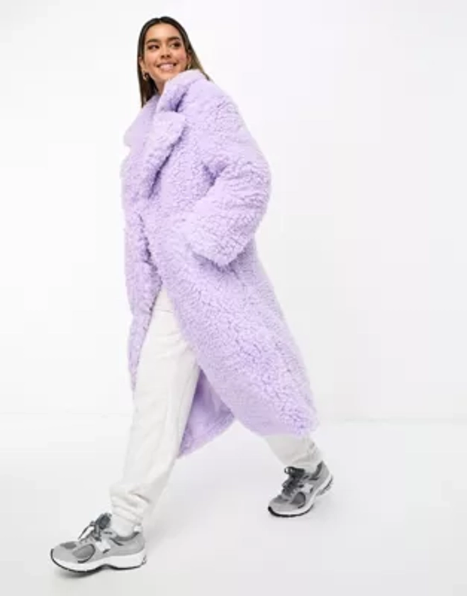 NA-KD oversized teddy faux fur coat in lilac | ASOS