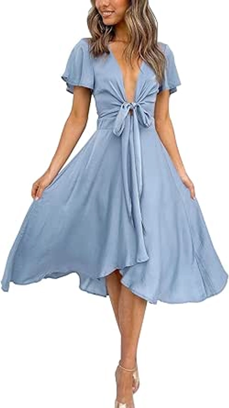 Amazon.com: miduo Womens Satin Casual V Neck Ruffle Short Sleeve Tie Front High Waist Cocktail Skater Maxi Midi Dresses for Wedding Blue L : Clothing, Shoes & Jewelry