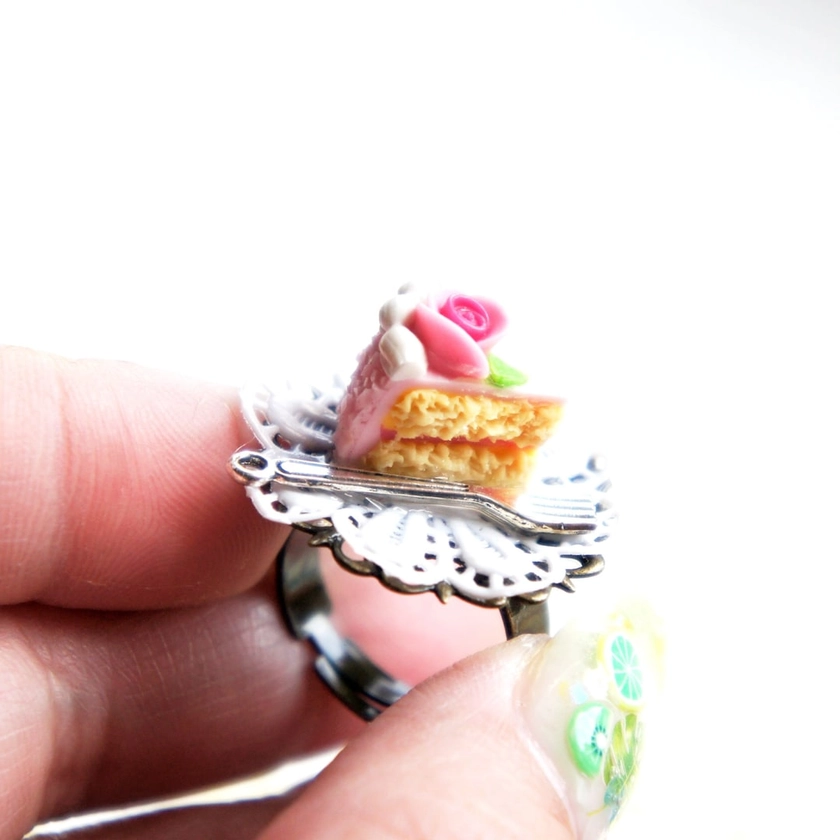 Strawberry Rose Cake Ring- birthday cake ring, miniature food jewelry , cake jewelry