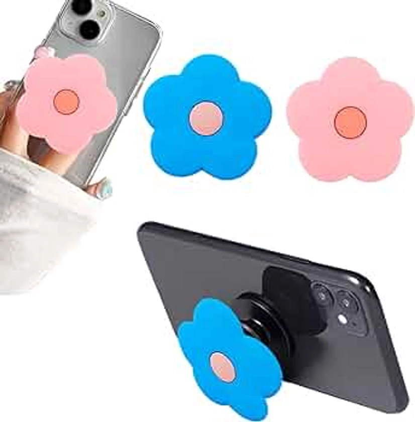 2 Pcs Pink Daisy Silicone PopSocket Grip Stand - Cute Flower 2D Cell Phone Holder - Collapsible Expandable Accessory for Smartphone Tablet，Swappable Top Stand and Grip for Smartphones and Tablets