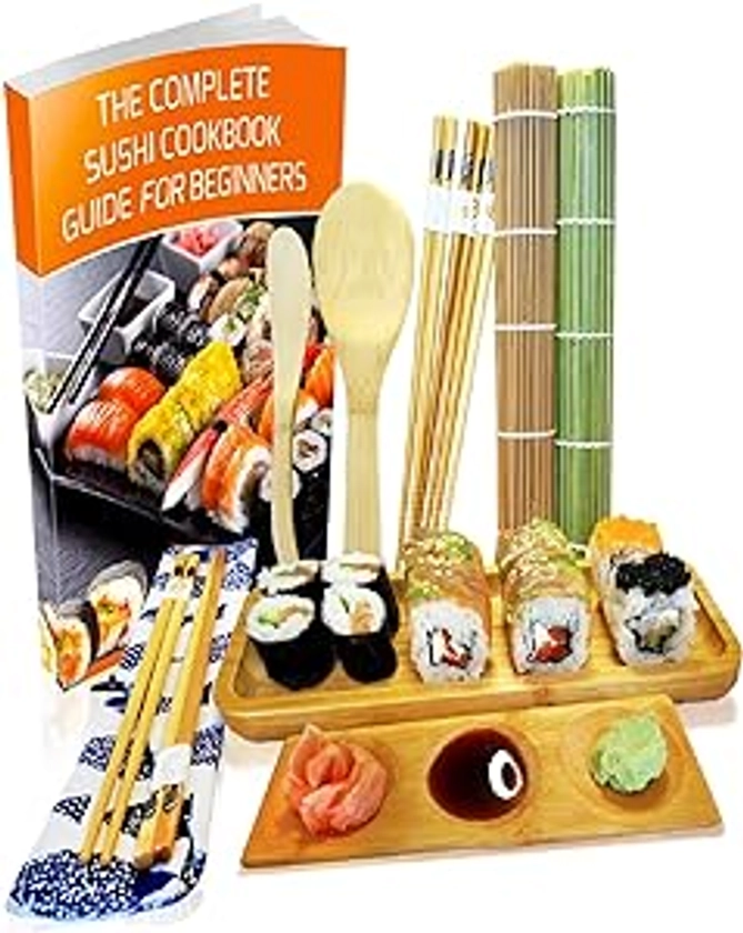 Sushi Making Kit 11 Pcs - Bamboo Sushi Rolling Mat and Serving Set - Make Your Own Sushi at Home - 2 Mats, 5 Pairs Chopsticks with Bag, Paddle, Spreader, Serving Platter, Triplet Sauce dish with Book : Amazon.co.uk: Home & Kitchen