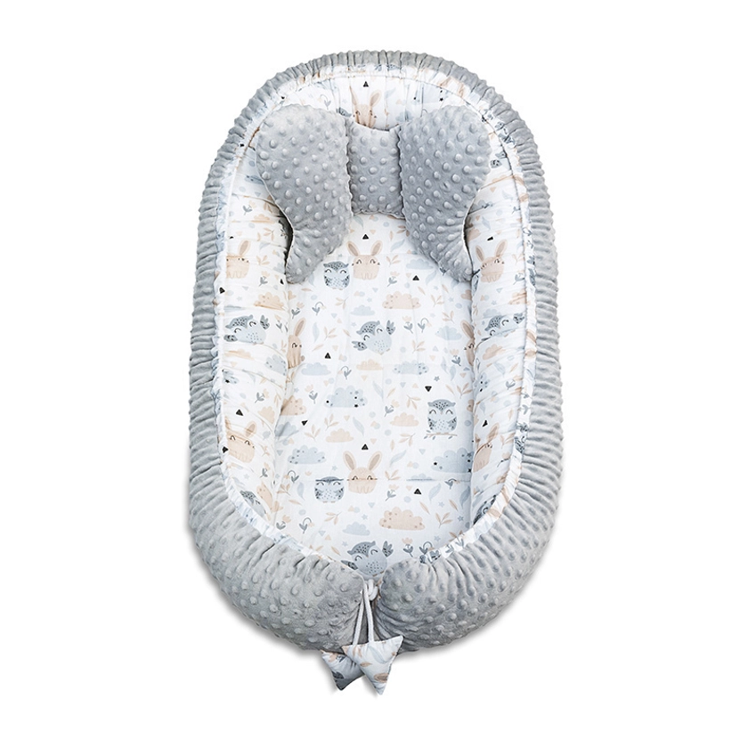 Cocon cale-bébé + Coussin Minky Prairie Gris - 90x50cm