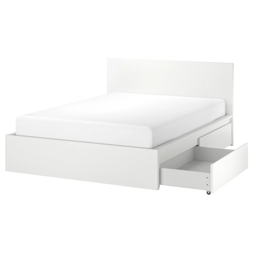 MALM white, Luröy, Bed frame, high, w 4 storage boxes, Standard Double - IKEA