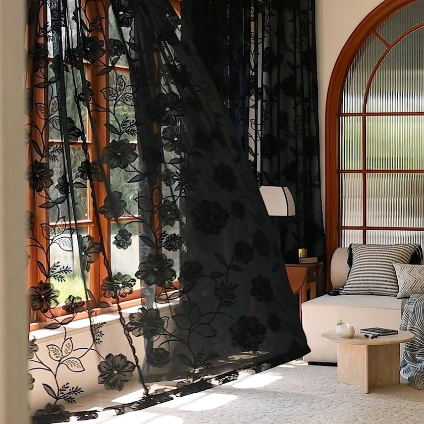 Treatmentex Black Sheer Lace Curtains for Bedroom Living Room Studio 84inch Long Vintage Rose Floral Embroidered Semi Sheer Curtain Panels Privacy Leaf Sheer Drapes with Scalloped Edge 54" w 2pcs 7ft: Panels: Amazon.com.au