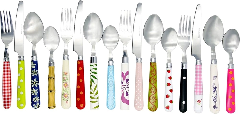 The Original Brink House Eclectic Collection Mix & Match Stainless Steel Cutlery Set with Multicolored Handles / 16 pieces with Metal Stand/Lifestyle utensils for home, apartment, dorm, outdoor