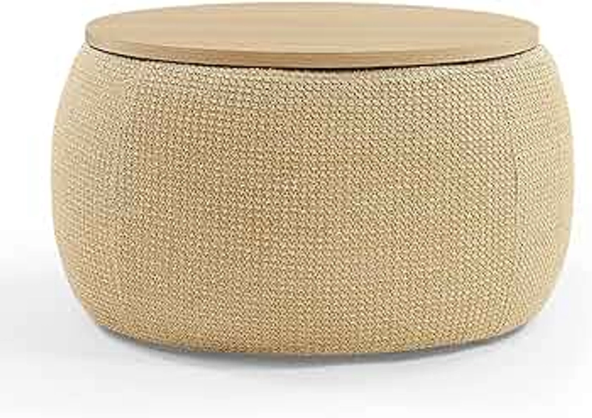Zushule Round Ottoman with Storage for Living Room - Coffee Table, Foot Rest, Footstool, End Table - with Reversible Lid Tray (Natural)