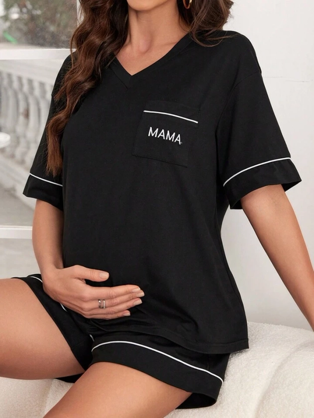 Maternity Home Clothes With Contrasting Colors, Skinny Hem, Letter Pattern, Short Sleeve, Shorts And Pockets For Mother | SHEIN UK