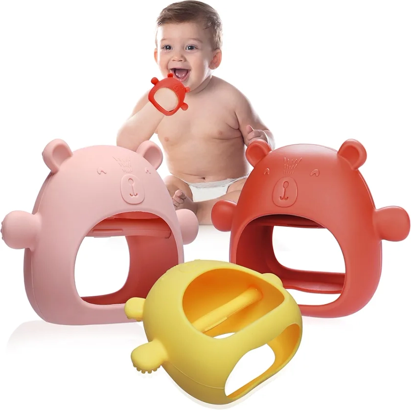 TFav Baby Bear Teether for babies -3 pcs Pink, Yellow & Red -Silicone mitten teether for 3 Months+ Boys & Girls -Hand Pacifier That Fits on Fist -Calm Down The Fussy Baby calm down fussy baby