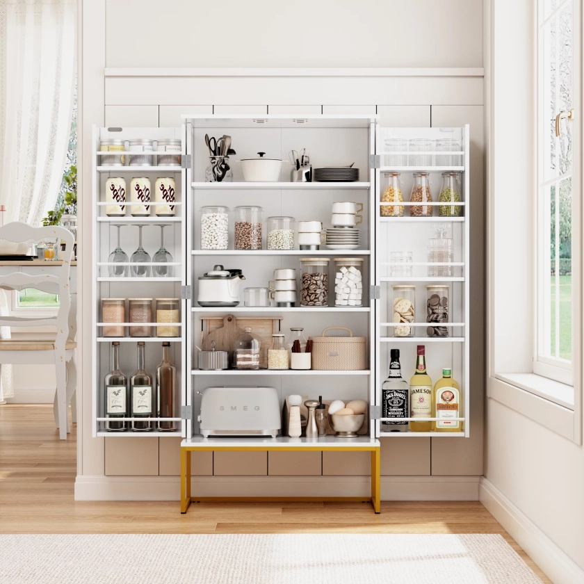 HLR 46 inches White Pantry Cabinets, Kitchen Pantry with Doors and Shelves for Kitchen, White Pantry Storage Cabinet with Black Metal Base for Living Room and Dining Room - Walmart.com