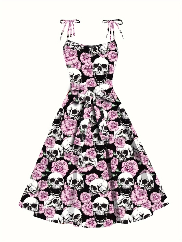 Plus Size Floral &amp; Skull Print Cami Dress, Casual Sleeveless Cinched Waist Dress For Spring &amp; Summer, Women&#39;s Plus Size Clothing