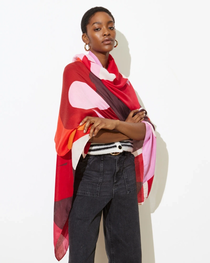 Red Abstract Figures Lightweight Scarf | Oliver Bonas